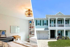 split image of interior and exterior house photos