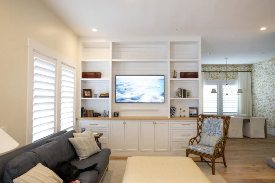 image of freshly painted built in features in living room