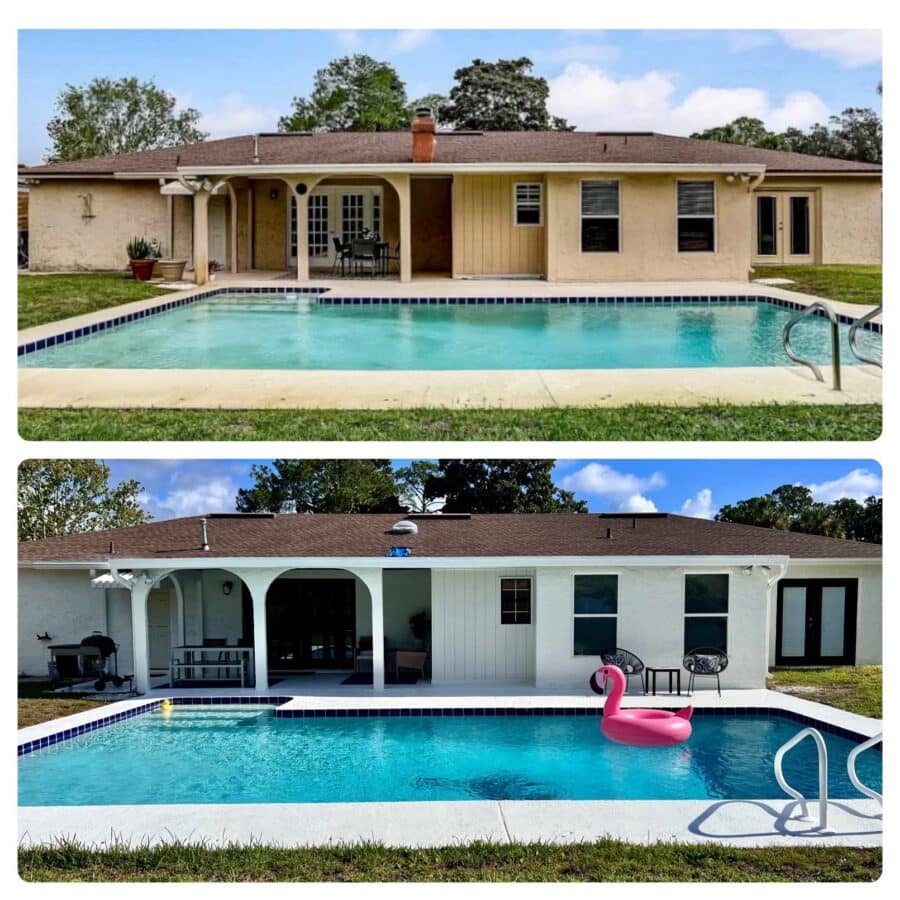 Before and after stucco painting on a Jacksonville home with a pool