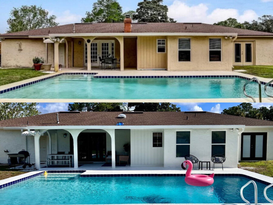 Before and after images of a house with a swimming pool, showing a change in exterior wall color and style.