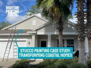 blog image that says "Stucco Painting Case Study: Transforming Coastal Homes" and has an arrow pointing to the home featured in this case study