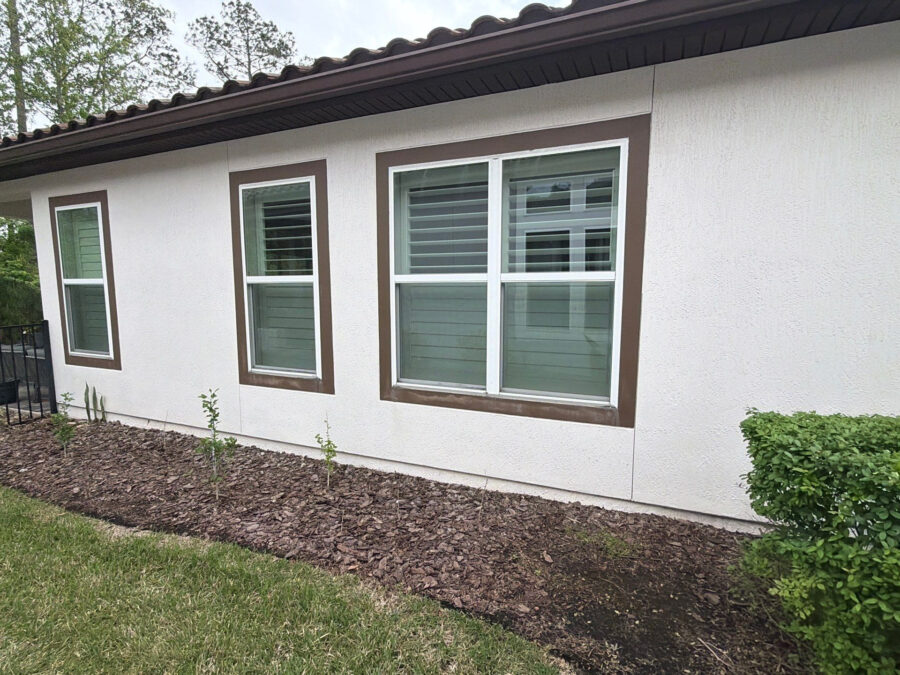 Freshly painted stucco exterior wall with windows on a Jacksonville home